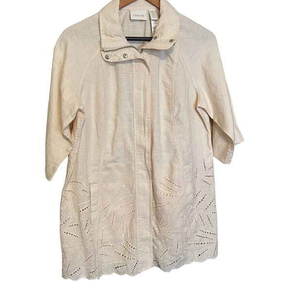 Chico’s 100% Linen Peach Eyelet Lace Zip Up Lightweight Tunic Size 1P Medium Top - Picture 1 of 9